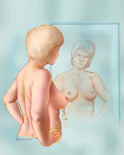 Breast - self exam Drawing of a woman standing in front of a mirror with her shoulders straight and her hands on her hips.