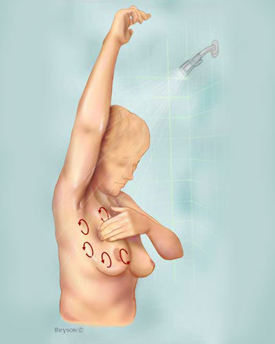 Breast - self exam step 4 Drawing of a woman standing in a hot shower with her left arm raised using her right hand to check her left breast using a circular motion.